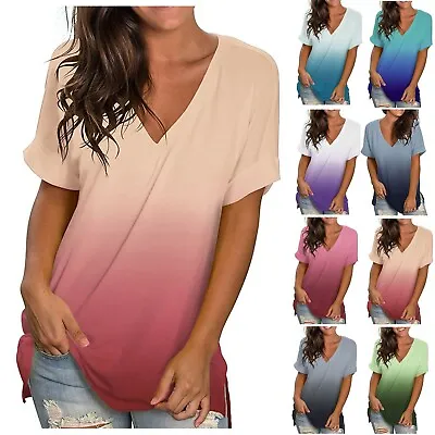 $15.19 • Buy Womens V-neck Short Sleeve Summer Loose T Shirts Tee Ladies Gradient Tops Blouse