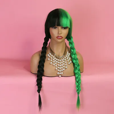 Half Black Green Straight Wig With Bangs Synthetic Heat Safe Cosplay Party Wigs • $14.09