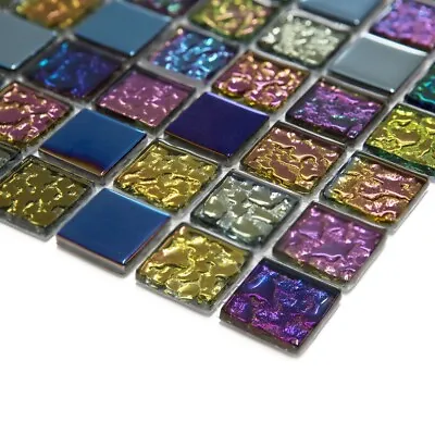 Mosaic Tile Sheet Iridescent Mix Glass Square Walls Floors Bathrooms Kitchens • £2.90