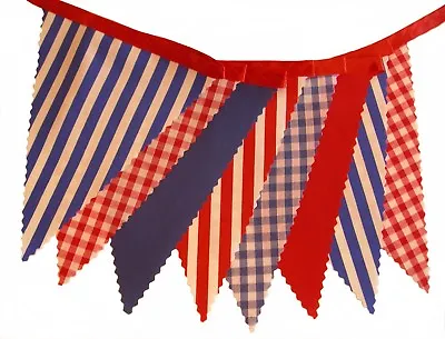 BUNTING Nautical Red Blue White Gingham Stripe On Red Ribbon - PER METRE • £1.95