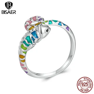 Bisaer 925 Sterling Silver Chameleon Opening Finger Ring For Women Gift Jewelry • $13.45