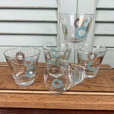 Vintage MCM Whiskey Rocks Glasses Set Of 5 Aqua Turquoise Gold Starburst Barware • $50