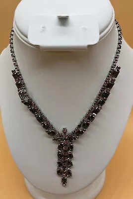 Stunning Vintage Pink & Smoke Gray Rhinestone Necklace Wedding Prom Gala • $12