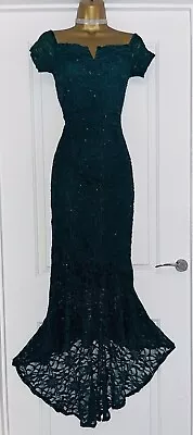 QUIZ Size 14 Lace Sparkly Dipped Hem Evening Cocktail Party Green Maxi Dress • £24.99