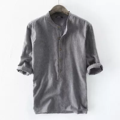 Mens 3/4 Sleeve Cotton Linen Striped Henley Shirts Casual Beach Holiday Tee Tops • $18.79