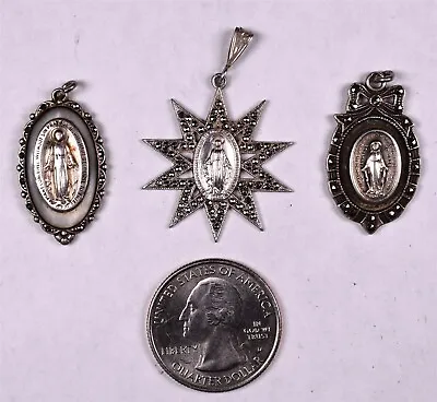 3 Sterling Marcasite Miraculous Medals Antiques • $99