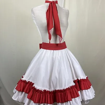 Square Dance SKIRT Self Tie Belt & Man Tie White Red Polka Dot Trim  • $36