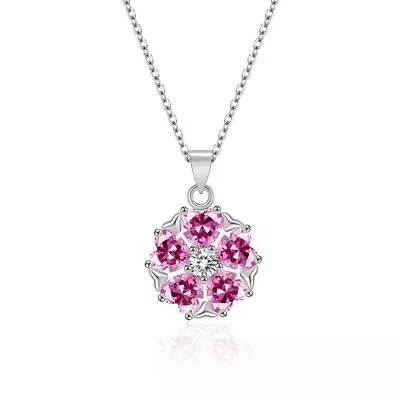 Pink Crystal Flower Pendant Necklace 925 Sterling Silver Women’s Jewellery Gift  • £4.99