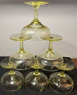 Vtg Crystal Yellow Etched Champagne  Stemware  Glass Set Of 6 • $65