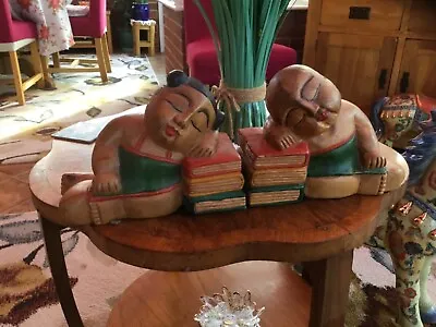 Pair Of Handcarved Painted Wooden Sleeping Asian Boy And Girl Bookends • £18