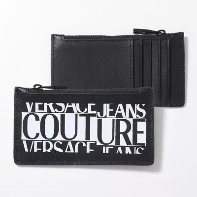 VERSACE JEANS COUTURE Coin Case Five Card Slots Leather Zipper Logo Black NEW • $248.58