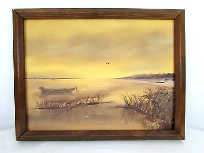 Boat On Lake At Sunset Marsh Reeds 13 X 10 Framed Painting Signed By Voiles '82 • $10