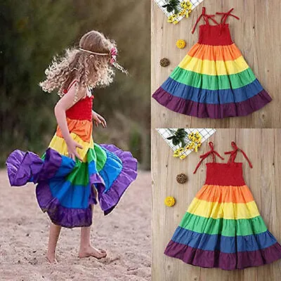 Toddler Baby Girl Rainbow Dress Strap Sleeveless Tutu Dress Pageant Party Dress • £5.99