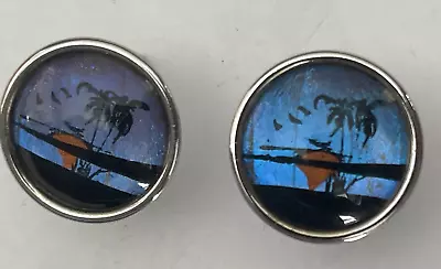 VINTAGE EARRINGS BLUE MORPHO BUTTERFLY WING  SOUTH SEAS PALM TREES Screw Backs • $9.95