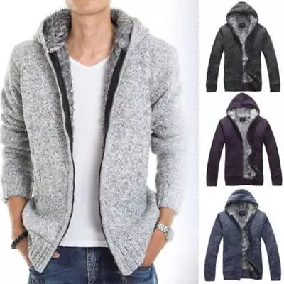 Mens Fur Lined Hoodie Cardigan Sweater Casual Knitted Jackets Hooded Winter Coat • $31.64