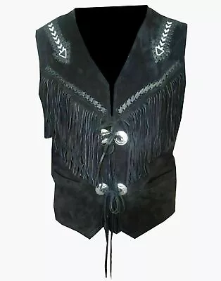 Men Black Suede Leather Western Style Vest Fringed & Beaded - Waistcoat • $81.79