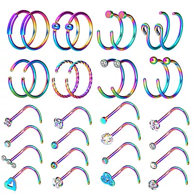 $12.99 • Buy 32 PCS CZ Nose Rings Hoop Screw Stud Surgical Steel Body Piercing Jewelry 20G