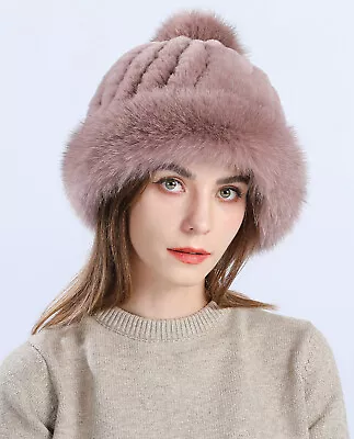 Real Rex Rabbit Fur Hat Real Fox Brim Christmas Cap Bean Paste Beige Black • $28.04