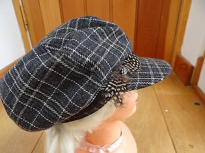 Monsoon Accessorize Grey Beige Green Check Wool Feather Baker Boy Peaked Hat Cap • £12.99