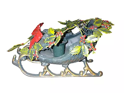 Vintage Christmas Heavy Cast Metal Sleigh Holly & Bow Candlestick Holder 6.5  • $34.99