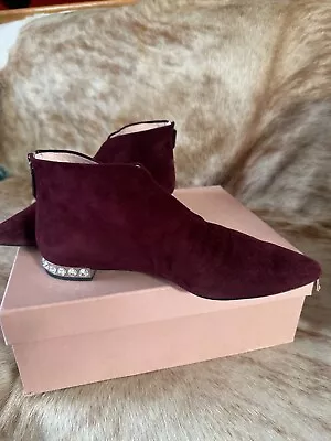 Miu Miu Booties Jeweled Burgundy/Red Suede Flats Pointed Toe Ankle 38/7 Italy • $245