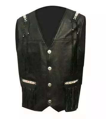 Men Real Leather Western Style Vest Fringed & Beaded Waistcoat - Black Leather • $98.14