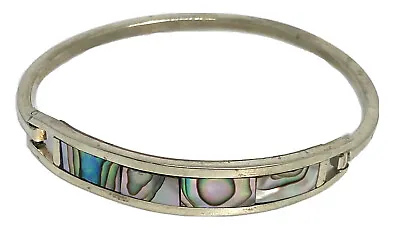 Abalone Shell Silver-tone Bangle Hinged Bracelet Signed Mexico • $16.99