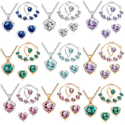 Women 925 Silver Cubic Zirconia Ring Earrings Necklace Wedding Jewelry Set Gifts • £4.27