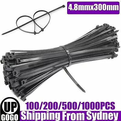 4.8x300mm Cable Ties Zip Ties Nylon UV Stabilised 100-1000x Bulk Black Cable Tie • $9.99