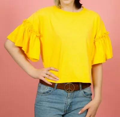 Reworked Vintage Canary Yellow Frilly Sleeve Cropped Tshirt Top Summer Festival • £12.99