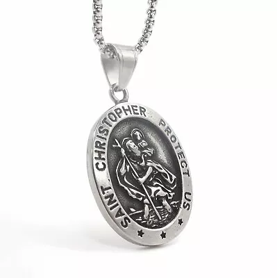 MOYON Mens St Saint Christopher Medal Pendant Necklace Stainless Steel Amulet • £10.79