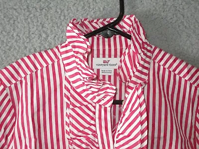 Vineyard Vines Women's L/s Button Ruffles Shirt Pink White Size 4 Cotton Used • $11.19