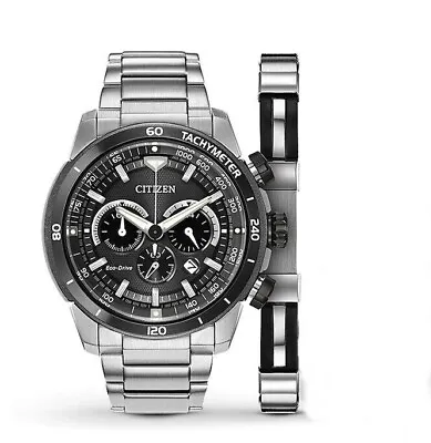 Citizen $495 Mens Eco-drive Ecosphere Chrono Silver/black Watch Set Ca4150-67e • $249.99