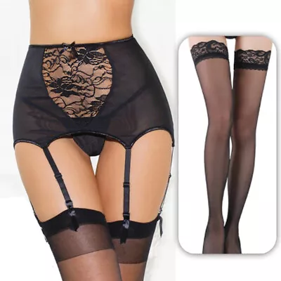 Women Sexy Lingerie High Waist Lace Suspender Belt Garter Stocking Sock Set QQ • £6.66
