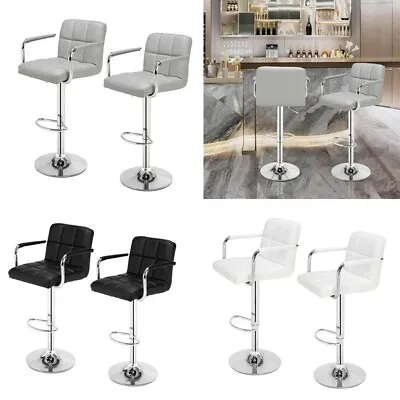 2×Bar Stools Leather Chairs Breakfast Chairs Swivel Gas Lift Kitchen With Arm • £75.99