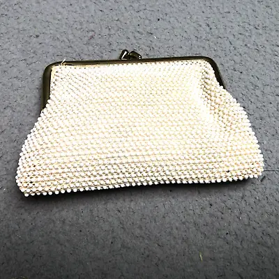 Vintage Coin Purse Wallet Small Beaded White Fabric Kiss Lock Bag Boho • $8.89