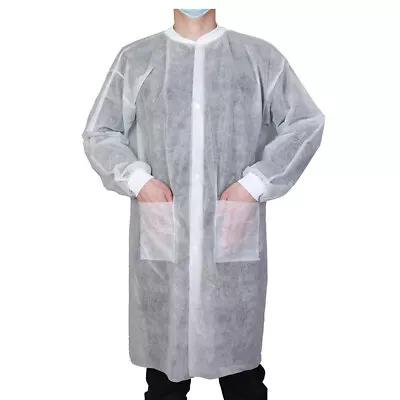 Pack Of 10 Disposable Lab Coats For Adults Knitted Cuffs And Collar W/ Pockets • $21.99