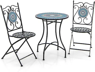3 Piece Patio Bistro Set Mosaic Metal Dining Set Garden Round Table With 2 Fold • £177.64