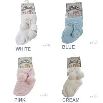 Baby Infants Soft Touch Pom Pom Ankle Sock Pink Blue Boy Girl 0-3 3-6 6-12 12-18 • £3.99