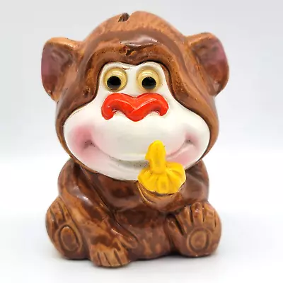 Ceramic Chalk Ware Monkey Bank With Banana 4.5x3.5 Inches Eyes Move Stopper  EUC • $12