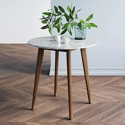 Round Marble Bistro Dining Table With Legs In Wood Finish Faux White Marble Tabl • $196.99