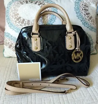 Michael Kors Signature Patent Leather Mirror Black Logo Satchel Bag Crossbody • $150