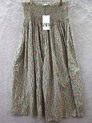 NWT ZARA Green Printed Smocked Waist Midi Skirt Women's Large • $49.99