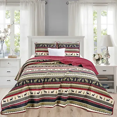 Chezmoi Collection 3-Piece Quilt Bedding Set Rustic Lodge Forest Wildlife Moose • $46.80