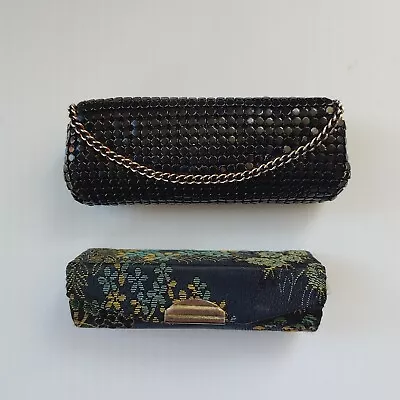 2 Vtg Lipstick Chain Mail Mesh Metal Tube Case Holders W/ Mirror Black Oriental • $16.90