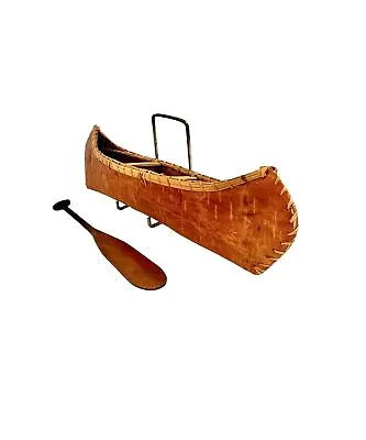Canoe And Paddle Miniture Model Birch Bark Wood Toy Vintage Native Decor • $145