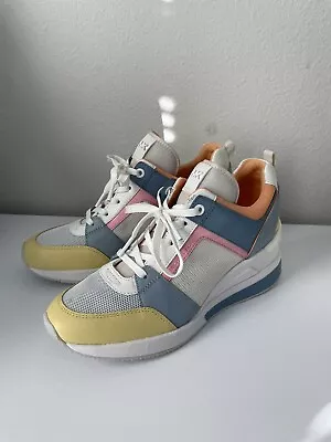 Michael Kors Georgie Wedge Trainer White Blues Pastels Sneakers Size 8 • $57.95