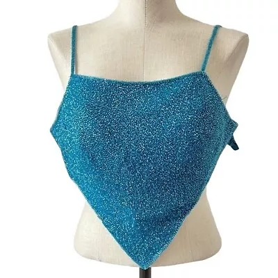 Vintage Scala Crop Top Spaghetti Straps Teal Beaded Hook Open Back Sz Small XS • $34.30