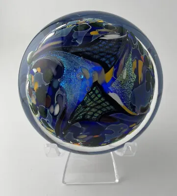 Jim Karg Blue Dichroic Angel Fish Round Studio Glass Paperweight • $70