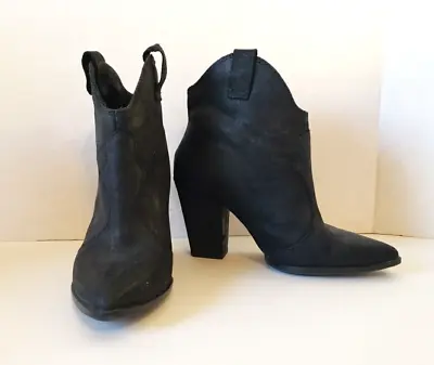 ZARA WOMAN Black Leather Chunky Cowboy-Style High Heel Bootie Boots SZ 37 (US 6) • $15.99